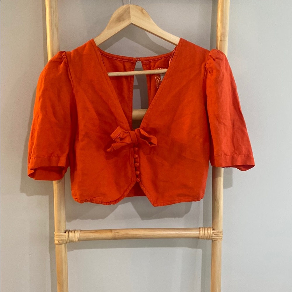 Anthropologie Orange Puff Sleeve Tie Front Blouse